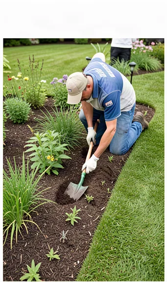 Greenline crew member carefully edging a residential lawn